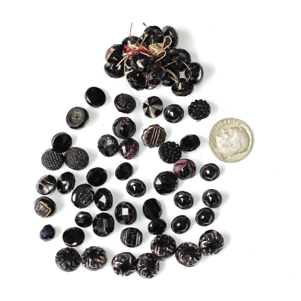 58 diminutive black glass buttons c. 1900 - 1950